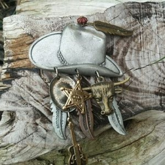 Dangle Brooch Cowboy hat western vintage - Picture 7 of 8